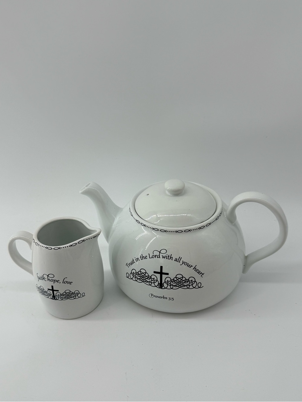 White Ceramic Teapot and Creamer Set with Inspirational Scripture